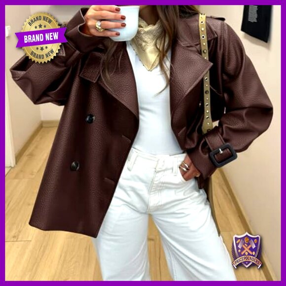 Oversized Faux Leather Motorcycle Jacket Chic Casual Fall Outerwear Trendy - Picture 6 of 7